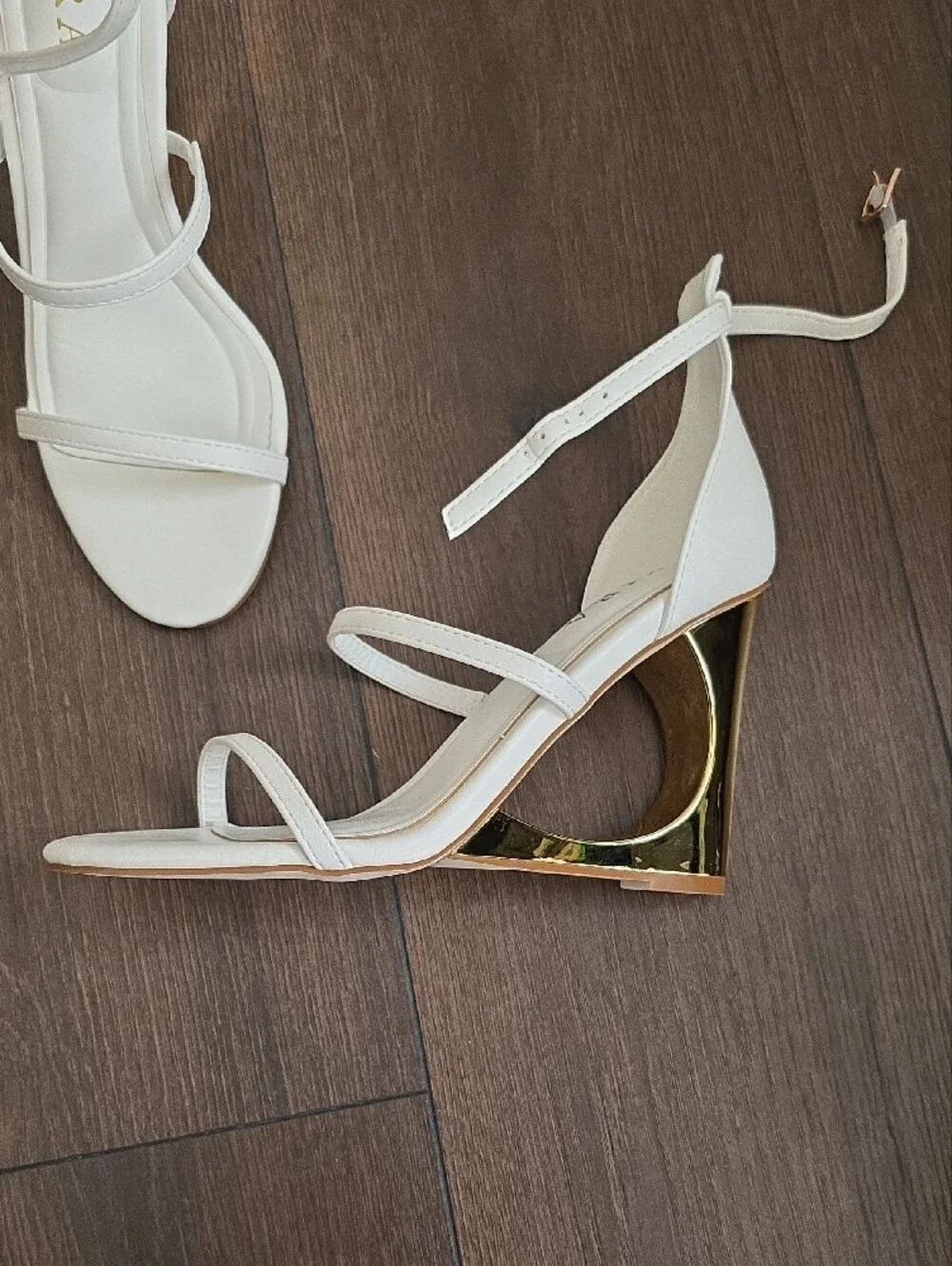 AKIRA White Strappy Slingback Heels with Gold Sculpted Heel